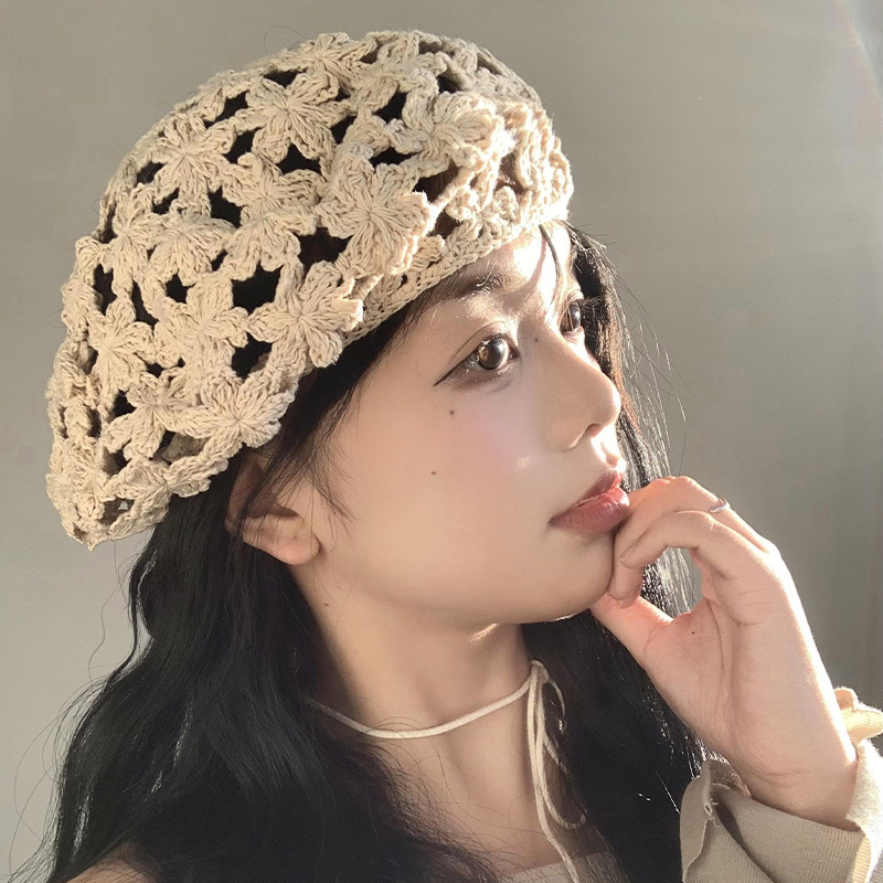 Flower Hollowed-Out Beret Ladies Summer Hundred Thin Hook Flower Bud Painter Hat Day Vintage Face Small Hat Specification drawing