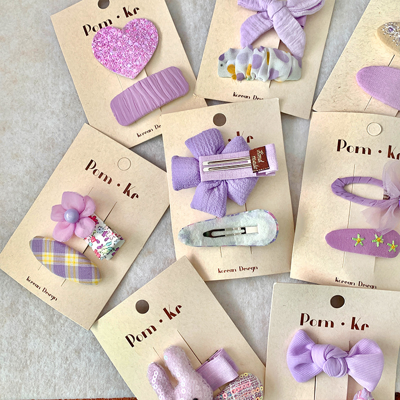 Korean dreamy purple heart-shaped flower bow fabric hair clip, cute and sweet, versatile, broken hair clip, hair accessory side clip details Picture