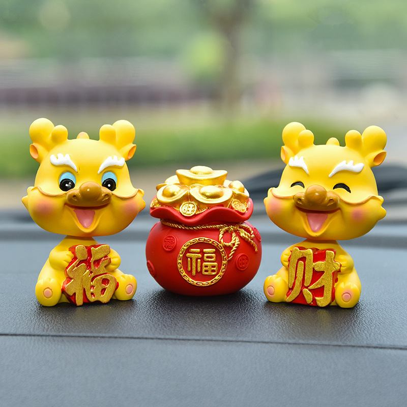 Fulong desktop ornaments, cartoon and cute, creative car ornaments for the Year of the Dragon, shaking head resin figurines, car decoration