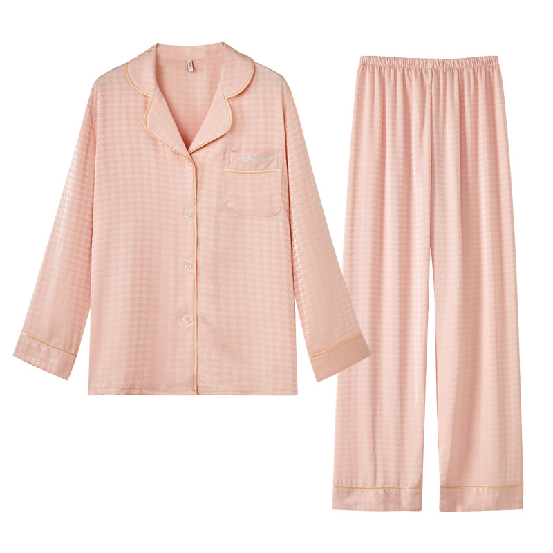 Spring and summer ice silk pajamas for women's home wear. Samples and pictures are supported. Cardigans, long-sleeved shirts and long pants for home wear Item Picture