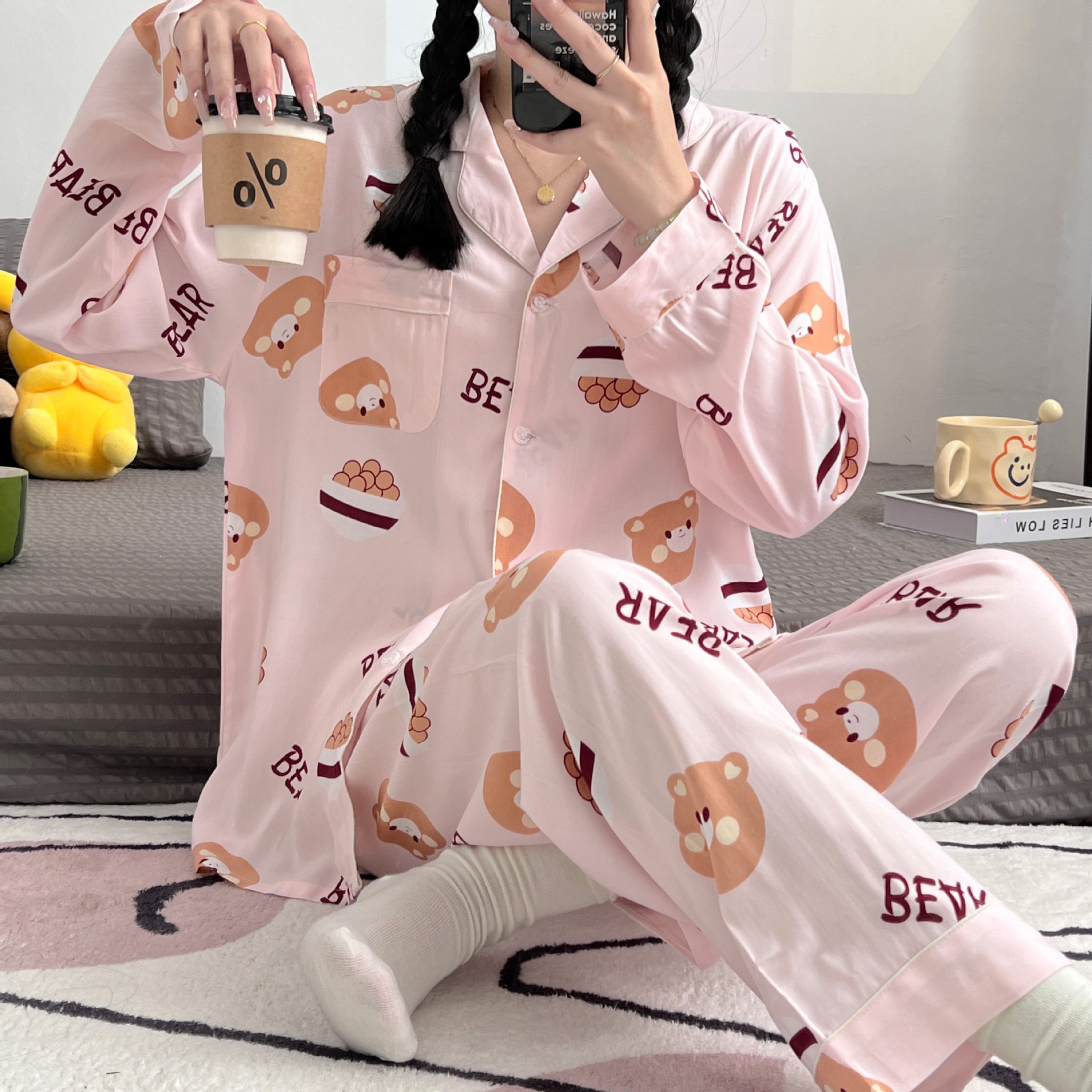 Cotton Silk Pajamas Women New Casual Light And Comfortable Korean Version Of Sweet And Cute Network Red Wind Can Be Worn Outside The Home Suit Specification drawing