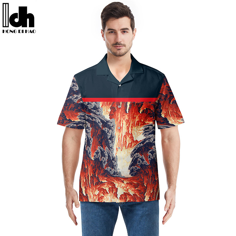 跨境男士夏威夷衬衫欧美3D印花外贸沙滩衬衣开衫短T恤可指定图案详情图5
