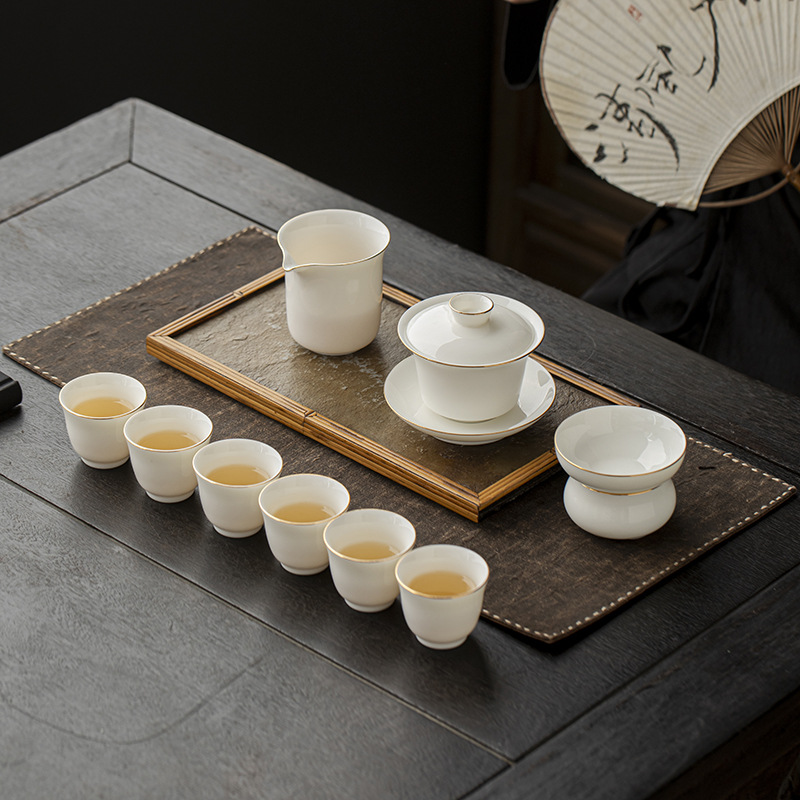 Wholesale of high-end business gift sets of tea sets printed with the company logo and made of white porcelain with sheep fat and jade Specification image