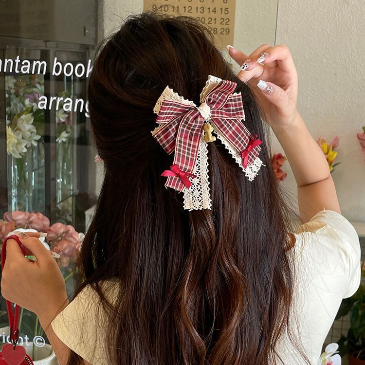Red Plaid Bow Hairpin Brooch Double Lace Bear Japanese Cute Soft Sister Lolita Hairpin Headdress