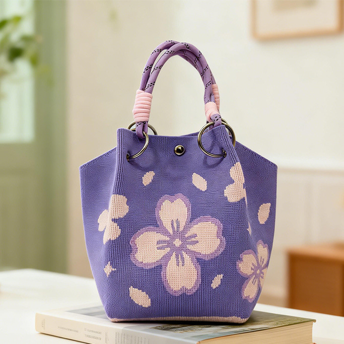 Factory direct sales cross-border new flower-knitted bucket bag as a souvenir gift bag, eco-friendly hand-held knitted bag for teachers, bucket bag for street vending, retail and wholesale, popular student small bag, fresh and artistic style, versatile crossbody bag for girls details Picture