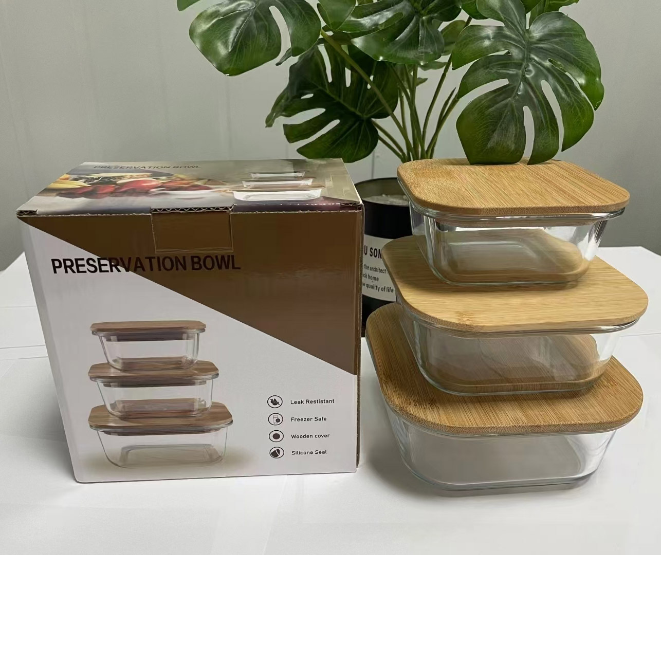 Round Bamboo And Wood Cover Glass Crisper 3-Piece Rectangular Bamboo Cover Low Borosilicate Crisper Wholesale Rs-201881 Specification drawing