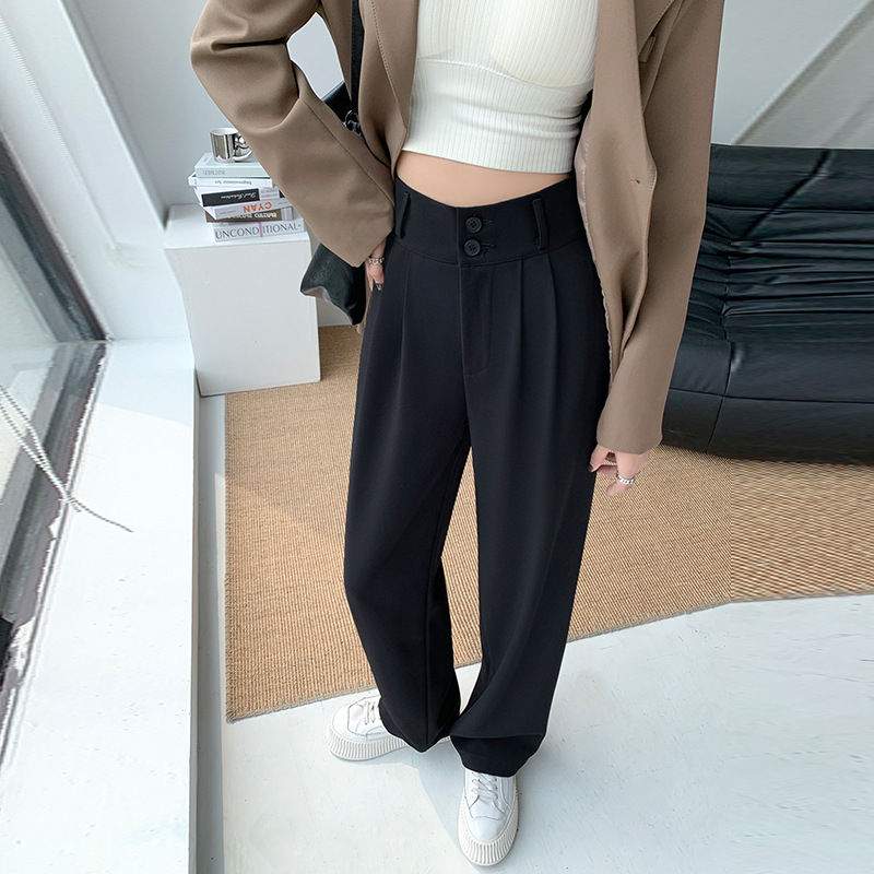 High-waisted wide-leg pants for women 2023 Spring and autumn: Loose and slimming straight-leg pants with a drape, floor-length pants, double-button casual suit pants Item Picture