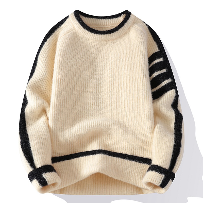 New pullover, round-neck, color-blocked striped long-sleeved sweater for men in autumn and winter. Trendy men's warm and casual knitted sweater