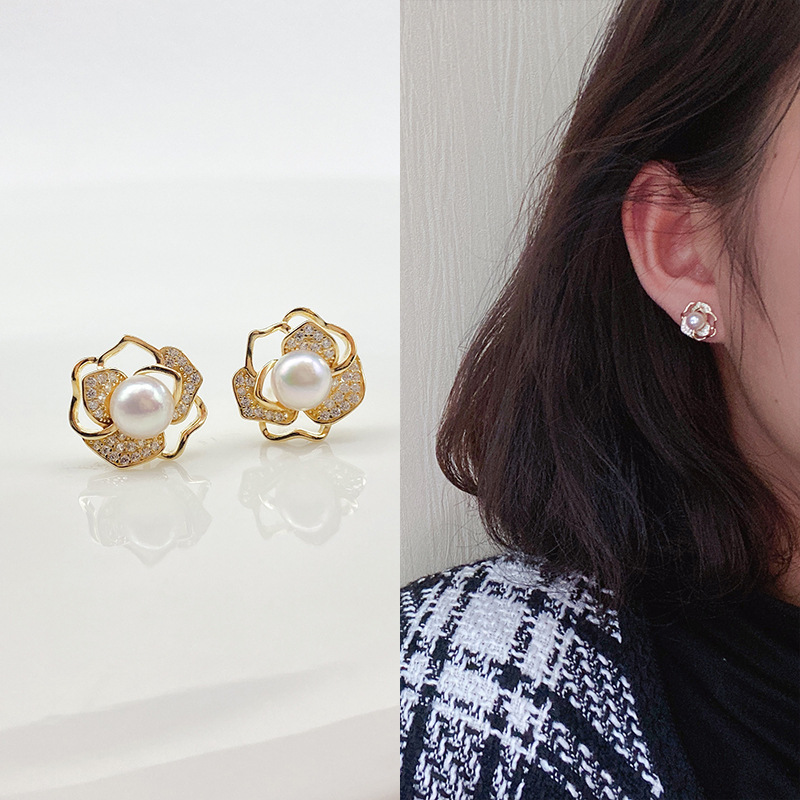 S925 full body silver AKOYA pearl necklace 2022 new tidal camellia earrings collar niche design details Picture