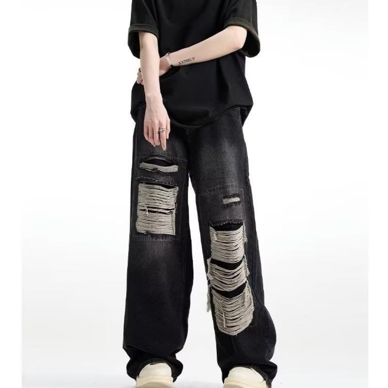 American vibe retro do old cloth ripped jeans women's high street design feel loose straight leg wide mop pants Specification drawing