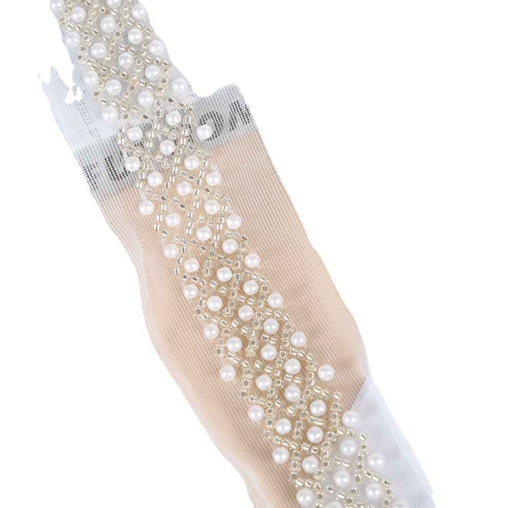 Fabricante en stock tela de malla bordados a máquina cuentas bordados con borde floral doble diamante encaje de perlas ropa accesorios DIY código de barras encaje accesorios correas Item Picture