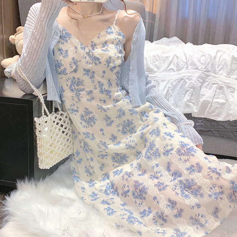 2022 New French First Love High-end blue floral halter dress, a children's trendy and youthful set for Spring and summer Specification image
