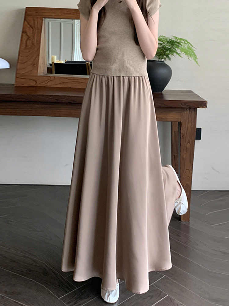 French acetate satin half skirt for women 2024 Spring/Summer pleated long skirt with elastic and tight waist, A-line large swing umbrella skirt details Picture