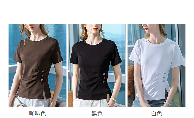 正肩T恤女夏2025新款女装纯色圆领短袖棉体恤设计感褶皱收腰上衣详情5
