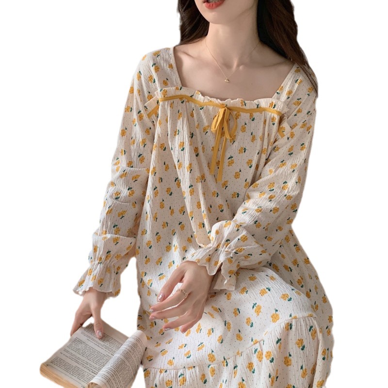Women With Breast Pad Pajamas Spring And Autumn Long Sleeve Floral Cloth Loose Pregnant Women Long Nightdress Network Red Wind Homewear Winter Item Picture