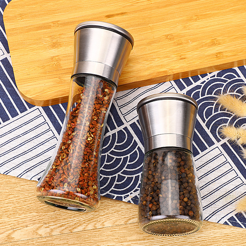 Manual Stainless Steel Grinder Seasoning Bottle Kitchen Sesame Cumin Pepper Salt Jar Rotary Grinding Glass Seasoning Bottle details Picture