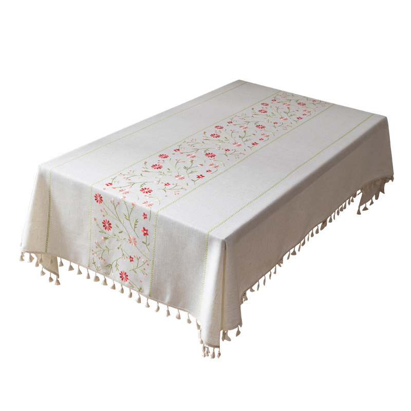 跨境素色加厚餐桌布小清新白色日式刺绣花朵西餐台布聚会日本桌垫详情图5