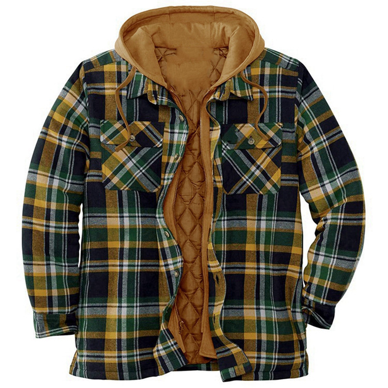 Foreign Trade New Men's Autumn And Winter Thickened Cotton-Padded Men Plaid Printed Loose Hooded Coat Jacket Sy0004 Application Scenario