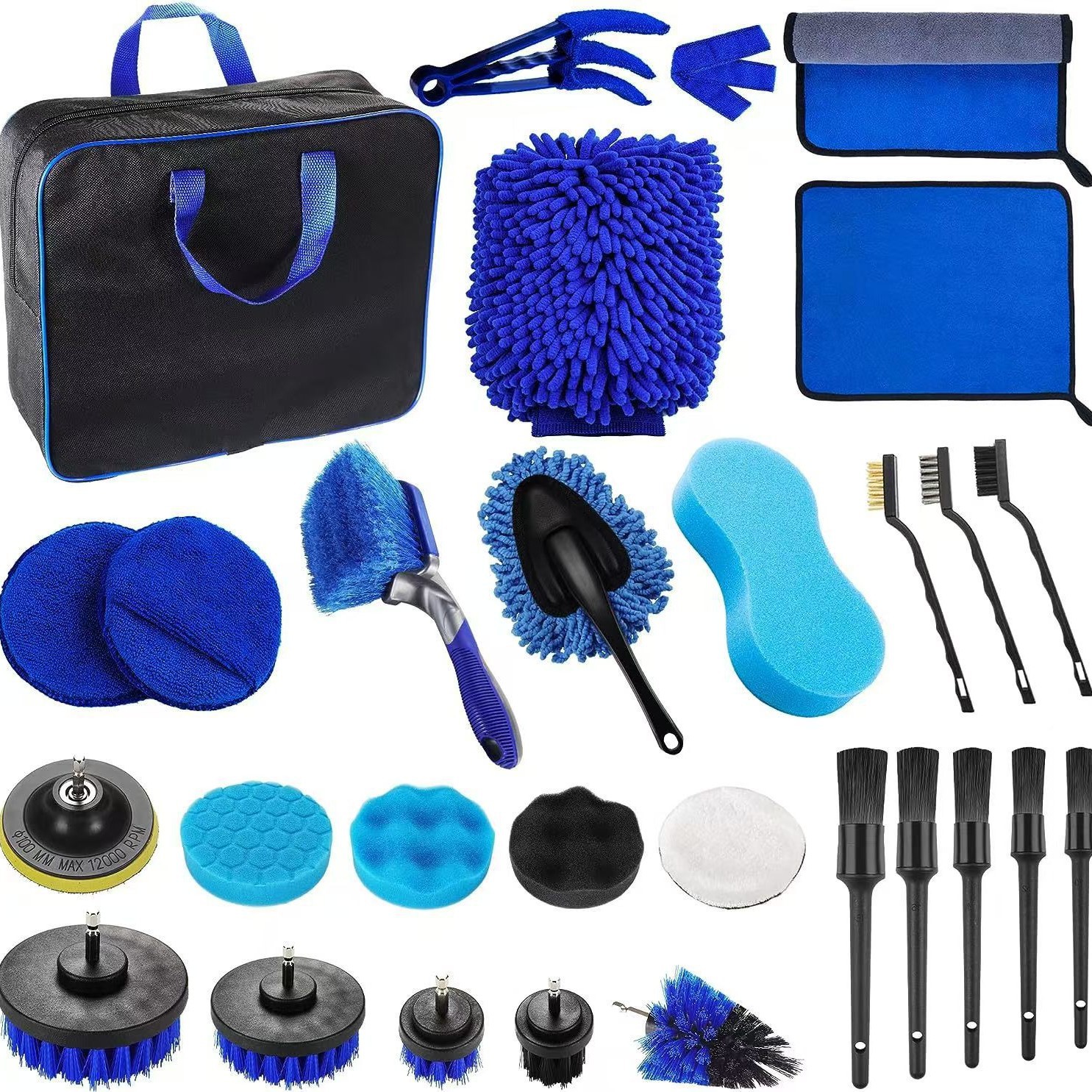 Cross-border best-selling blue car cleaning brush 26-piece set, hub brush, car air conditioning brush, sponge polishing brush, handbag Item Picture