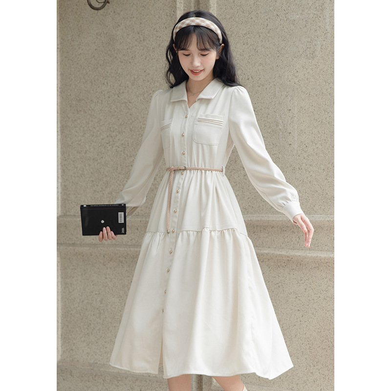 Model's real photo of the 2023 autumn new lapel stylish mid-length commuting dress HUA8481 Specification image