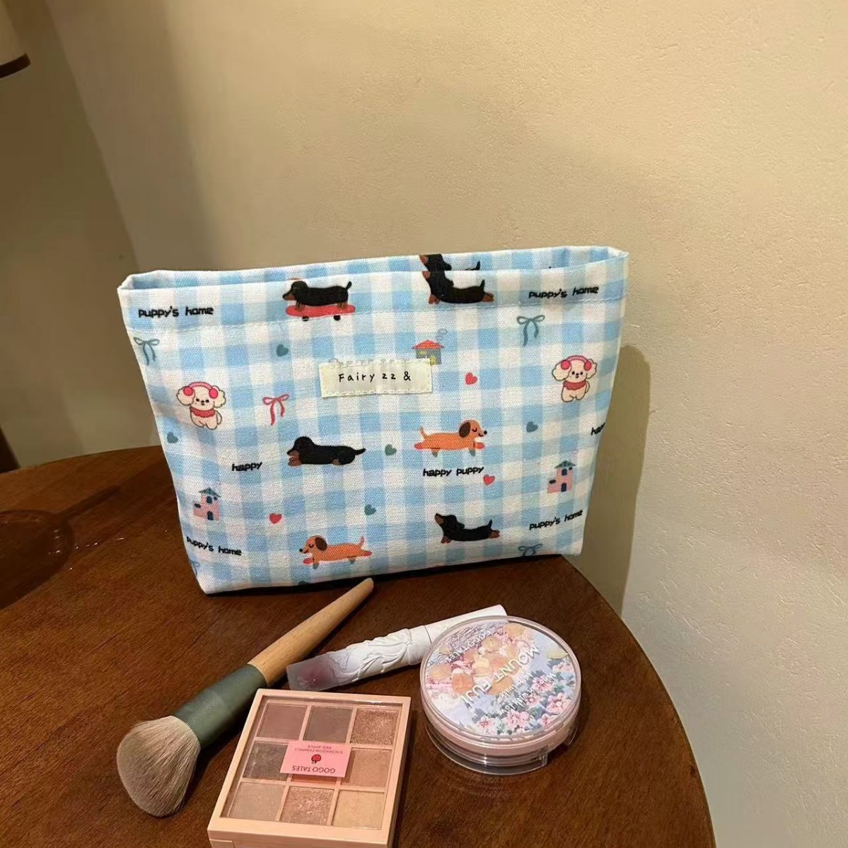 Fairy Zz & Niche Design Plaid Puppy Cute Portable Travel Makeup Bag Lipstick Storage Bag Premium