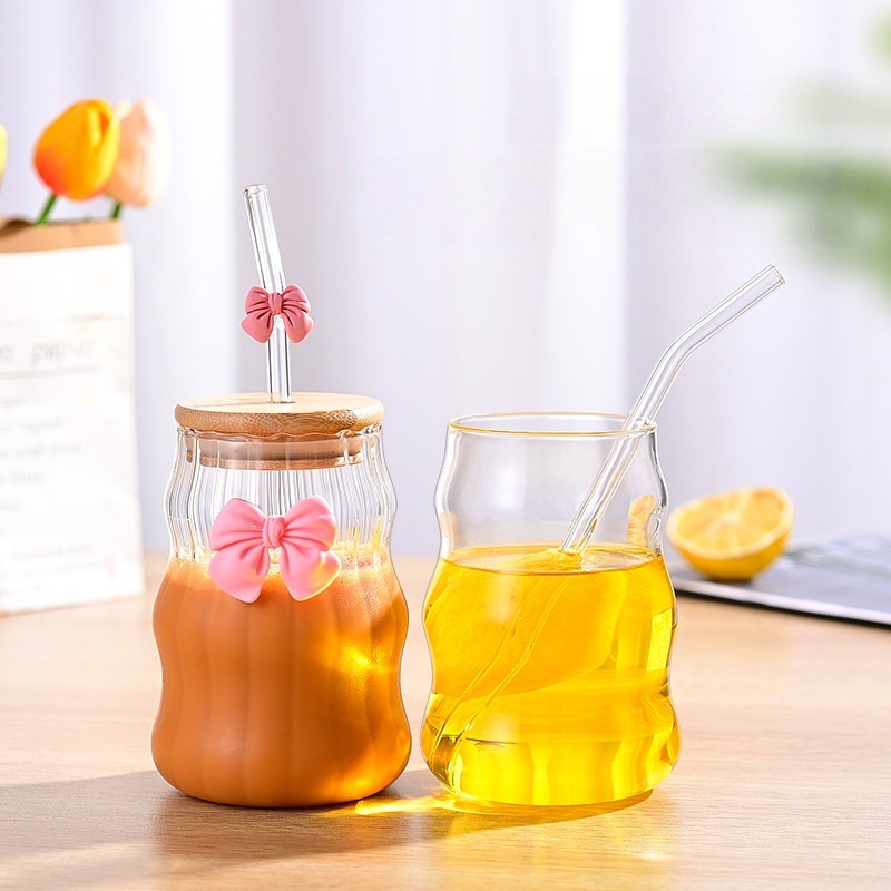 Multi-color bow single-layer cup, high borosilicate glass with bamboo and wood lid, bow straw cup, high appearance level glass cup details Picture