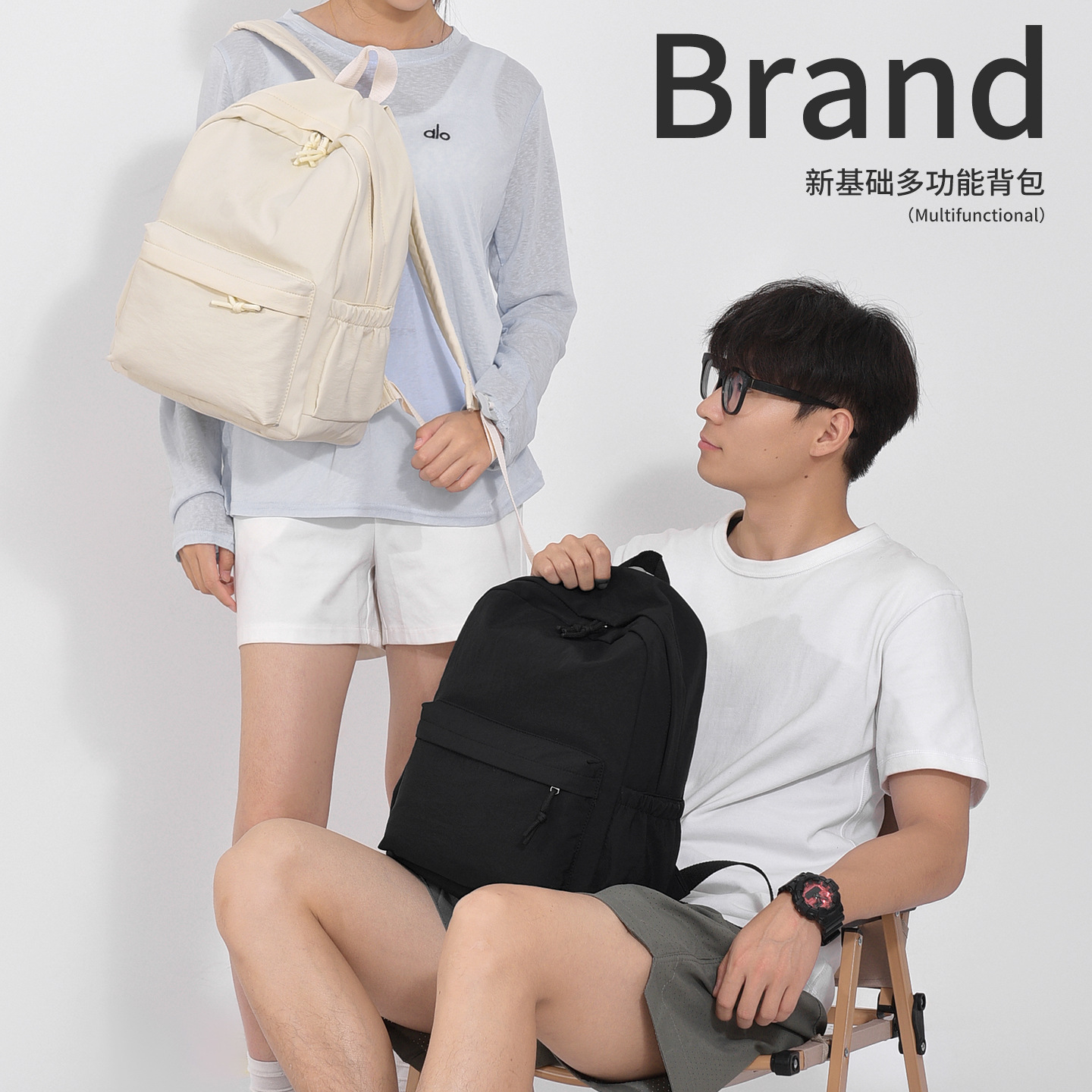 跨境新款双肩包学生书包简约纯色耐用尼龙布双肩包休闲旅行背包