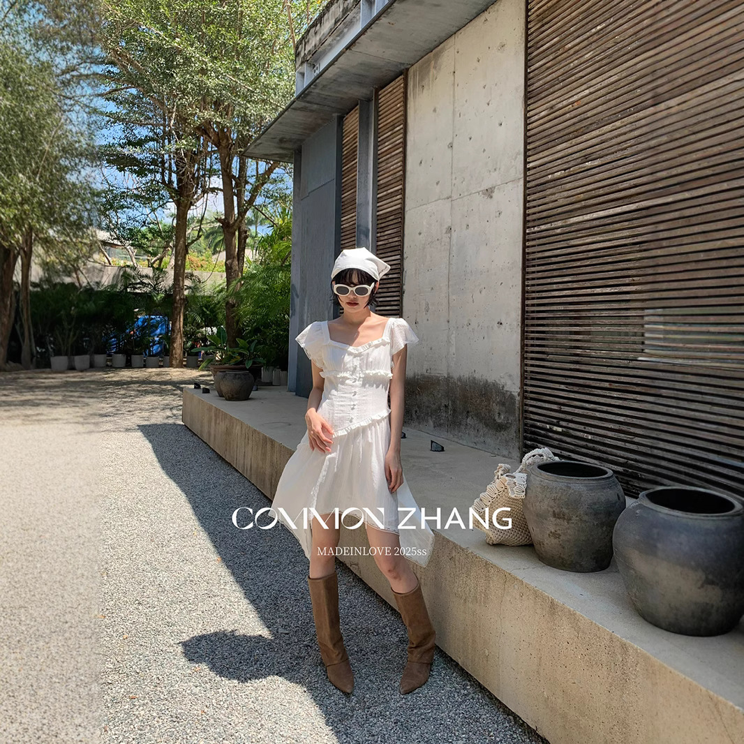 CZ ZHANG Summer Korean version Irregular lace patchwork tie Youthful and versatile square neck dress B26931 Specification image