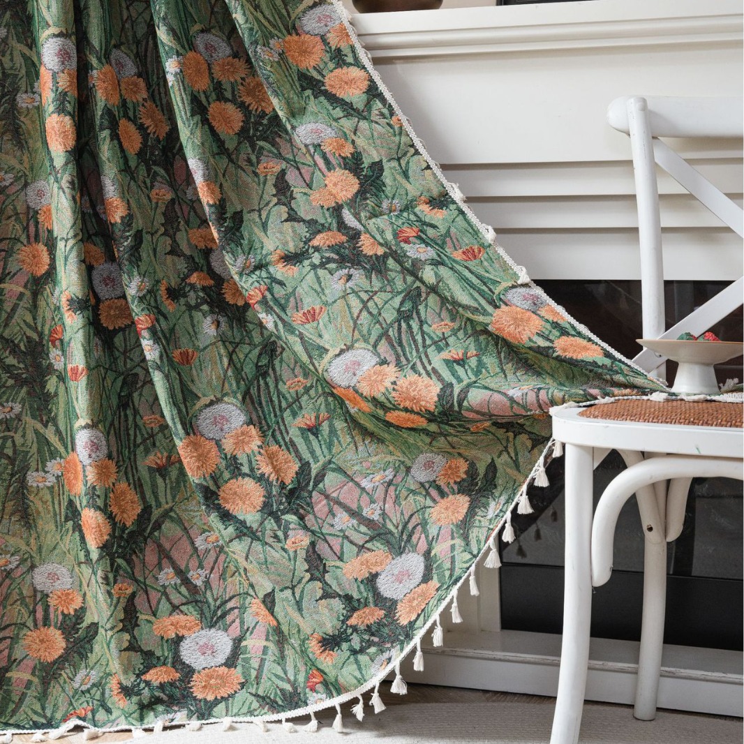 Factory direct supply of French retro finished curtains, green dandelion jacquard fully blackout and heat-insulating curtains for living rooms and bedrooms Factory direct supply of French retro finished curtains, green dandelion jacquard fully blackout and heat-insulating curtains for living rooms and bedrooms