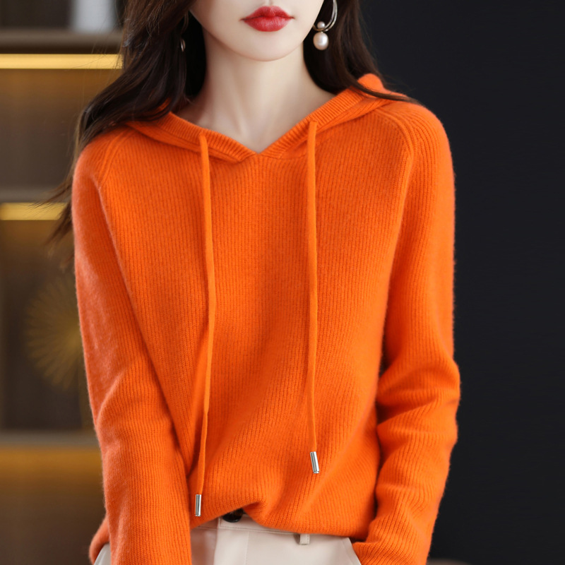 New autumn and winter knitted sweater, hooded women's hoodie, loose and casual hooded solid-colored long-sleeved sweater, versatile women's coat Specification image