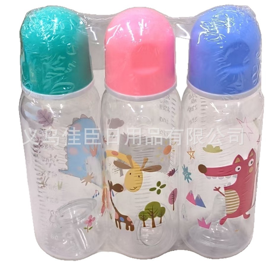A set of three of the best-selling baby bottles made of pp material with cute and fun patterns for wholesale trade, including silicone pacifiers and cups Item Picture