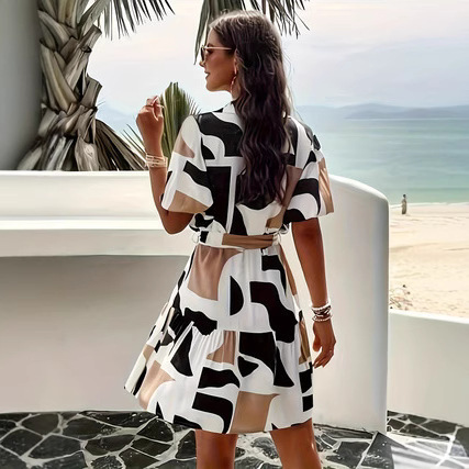 New best-selling summer Amazon European and American women's cross-border elegant geometric pattern vacation shirt dress details Picture