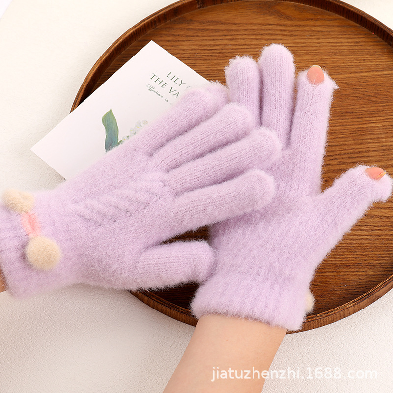 Winter gloves for girls, thickened with fleece, five-fingered, cute knitted cold-proof cycling gloves with touch screen for warmth Specification image