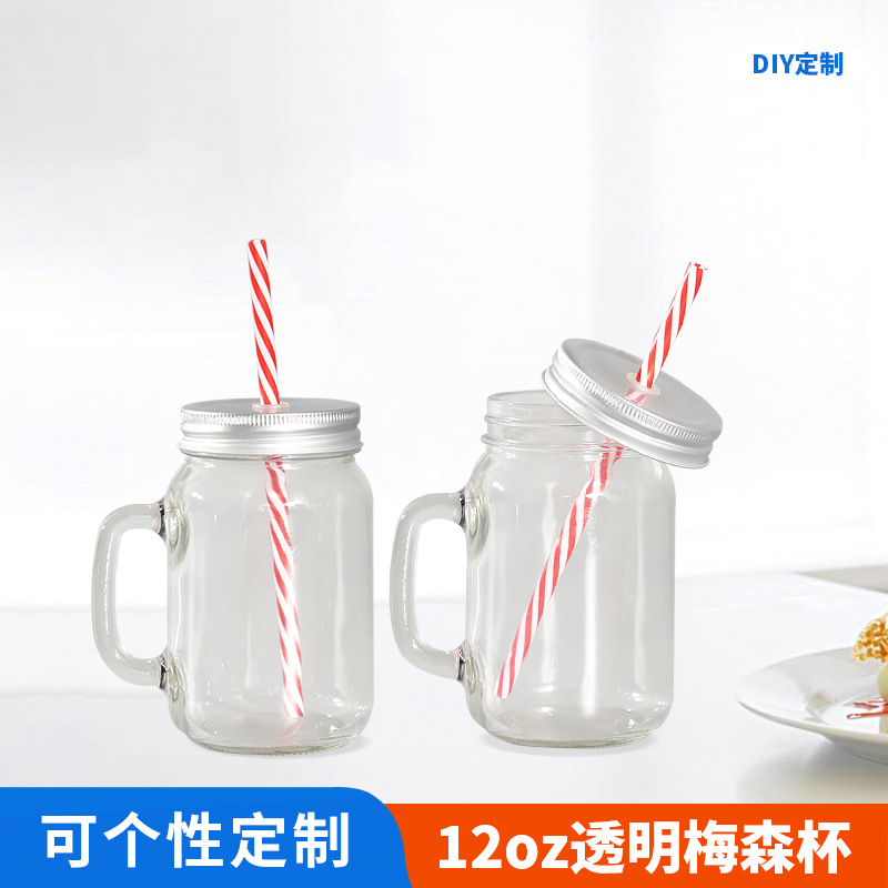 Heat transfer 12oz Mason Cup transparent heat-resistant glass cup with straw Creative transparent Mason Cup can be printed with logo