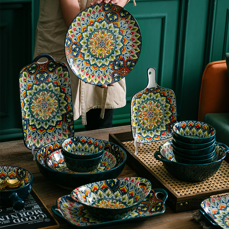 外贸欧式波西米亚陶瓷碗家用盘子泡面碗餐具创意个性碗碟套装批发图