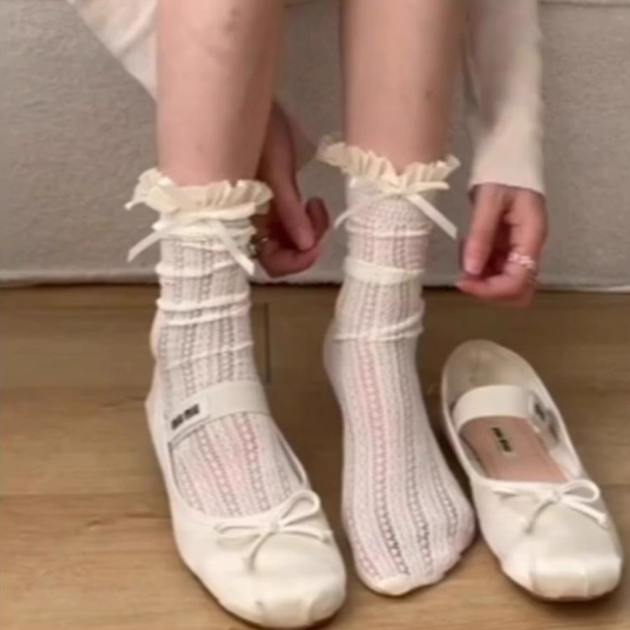 Lolita bow socks Lace fringed summer thin ins Japanese-style bow cut-out mid-calf pile socks jk details Picture