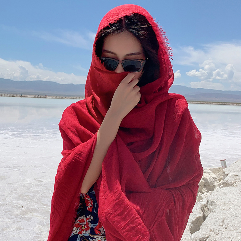 Big Red Photo Cotton Scarf Desert Sun Protection Shawl Seaside Tourist Beach Chaka Salt Lake Gauze Scarf Female Specification drawing