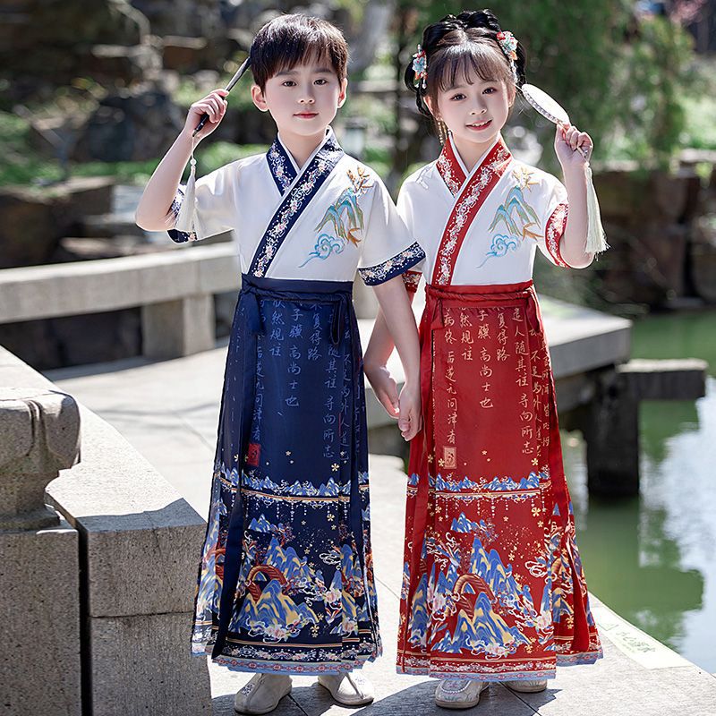 汉服男童短袖中国风/男童汉服/唐装儿童夏季中国风/裙子女童短袖中国风/汉服男童中国风产品图