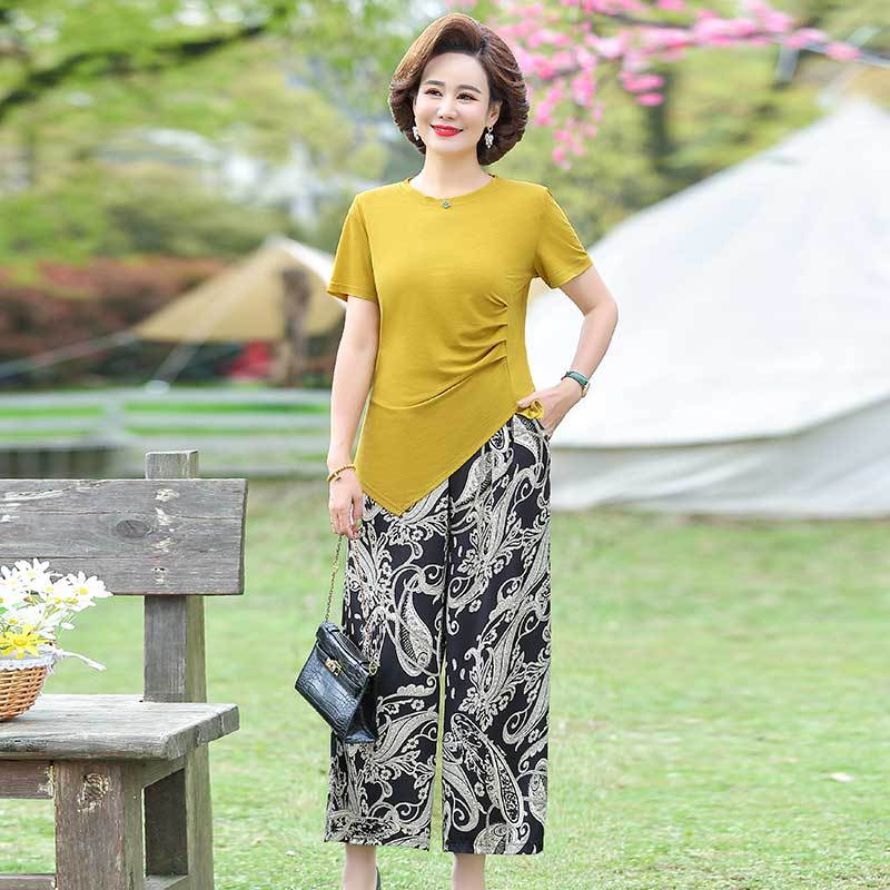 Mother Dress Summer Suit New Middle-Aged And Elderly Women Skirt Two-Piece Set Large Size Fashion Short-Sleeved Chiffon Top Specification drawing