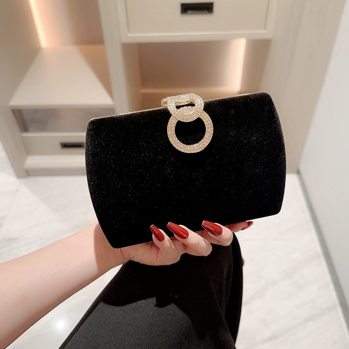 Cross-Border New Banquet Bag Rhinestone Buckle Evening Bag Velvet Dinner Bag Chain Bag With Qipao Dress Bag Specification drawing