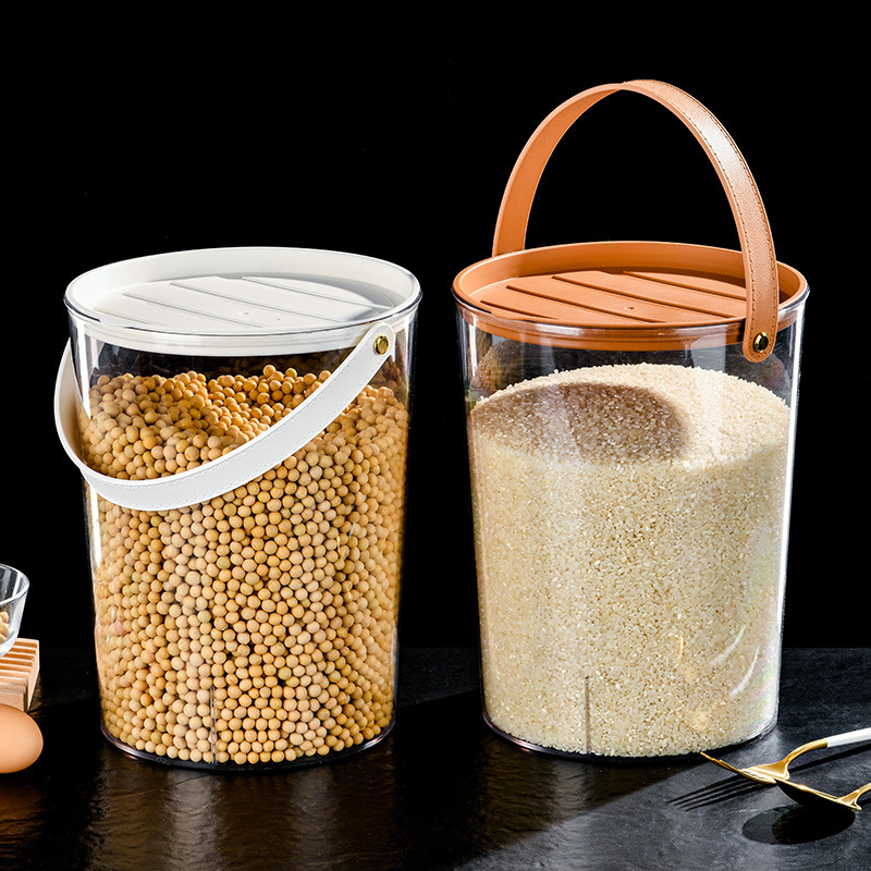 Transparent grain jar, household kitchen sealed rice bucket with lid, storage bucket, light luxury portable leather hand-held picnic basket details Picture