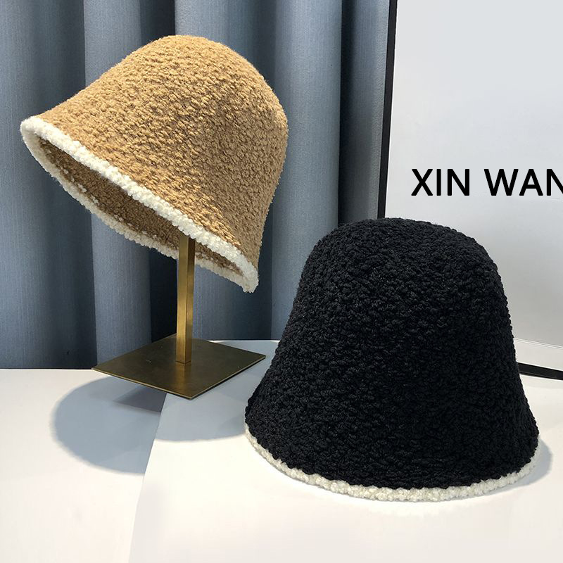 秋冬加绒保暖渔夫帽羊羔绒盆帽女生冬季潮流拼色时尚百搭毛绒帽子