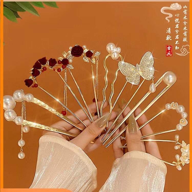 Tassel ancient-style hairpins, women's updo hairpins, high-end cheongsam wooden hairpins, women's new Chinese-style flower hairpins and hair accessories wholesale Specification image