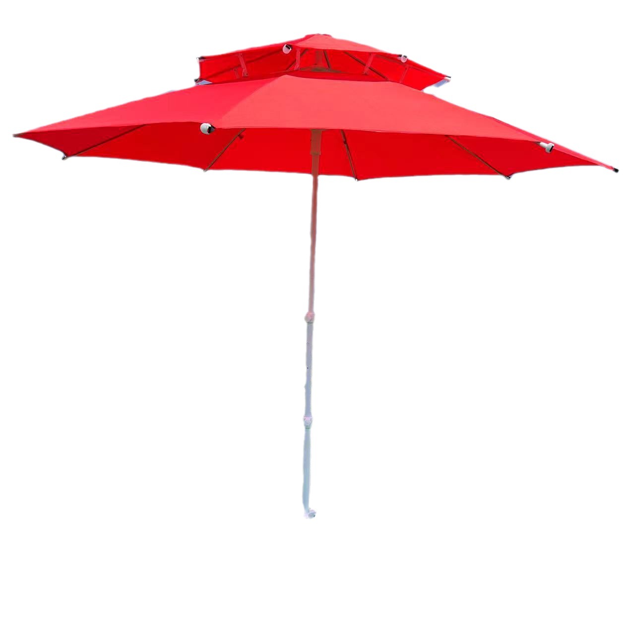 Wholesale outdoor 2.4-meter sunshade central column umbrellas, courtyard umbrellas, double-layer fiber umbrellas, wind-resistant double-top fiber bone beach umbrellas Item Picture