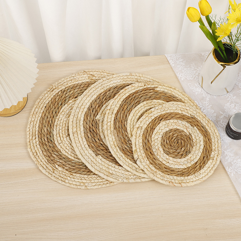 New corn rope woven placemats, grey cloth strips with reinforced edges, cutlery and teacup MATS, home eco-friendly Western placemats