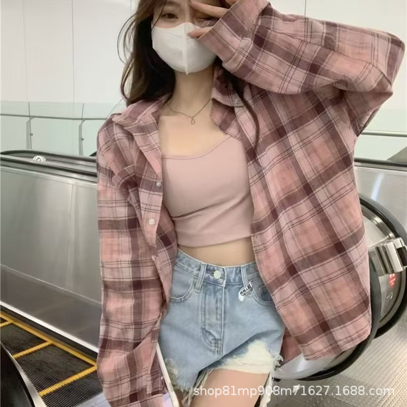 美式复古法式粉色格子衬衫女春夏2025新款设计感宽松内搭外套上衣