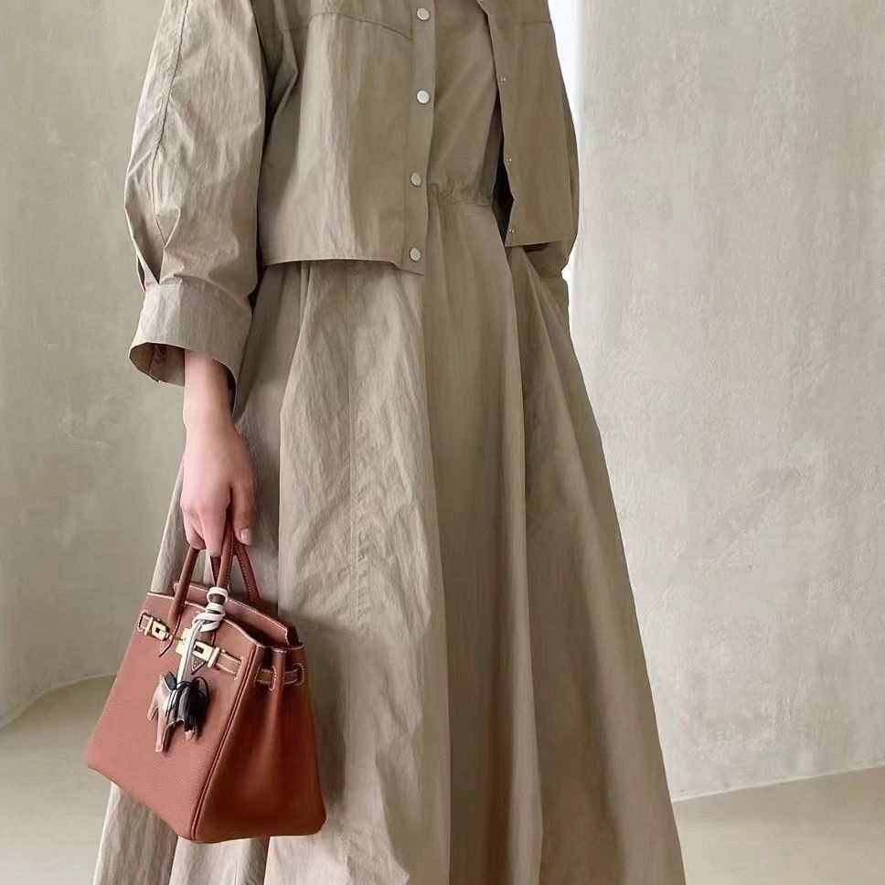 Cross-border Japanese style in-stock 2023 lapel long-sleeved top + sleeveless dress two-piece set