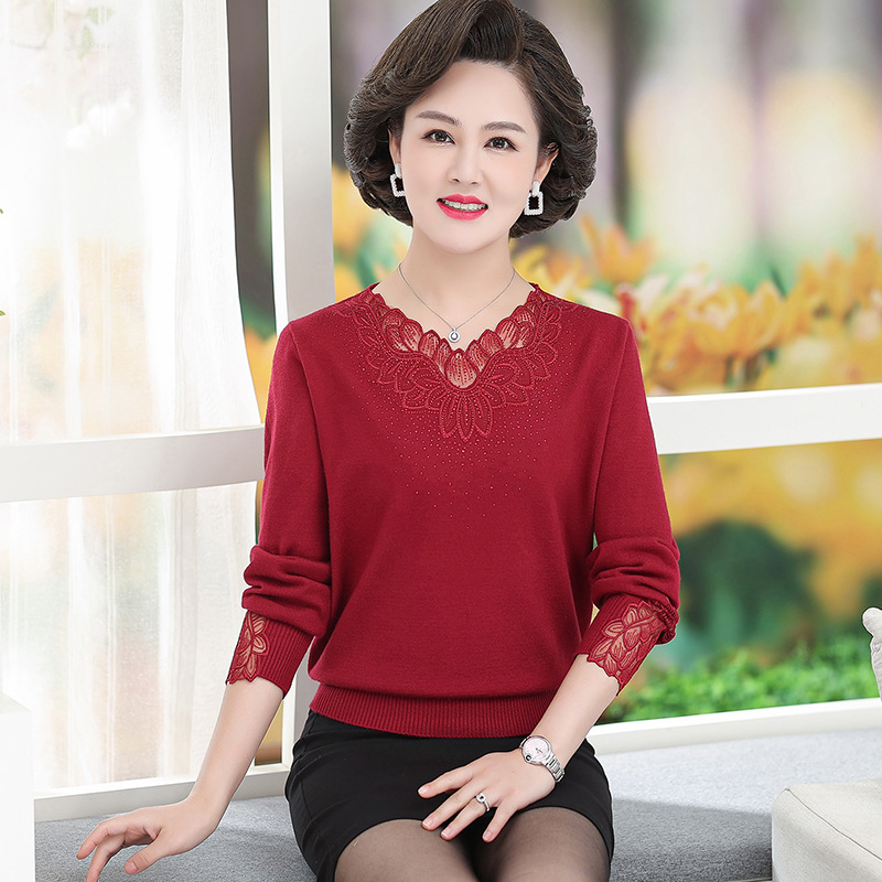 Mother Base Shirt Autumn Winter 2022 New Women's Lace Lace Crewneck Sweater Top Foreign Style Middle-Aged And Elderly Women Application Scenario