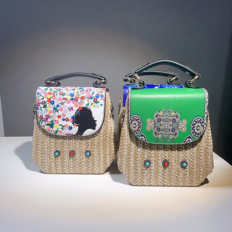 2024 new retro national style women's single shoulder bag rattan leather hand-held cross-body multi-color printing storage bag for women Specification drawing
