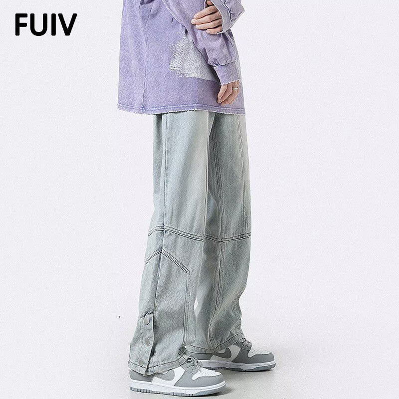 FUIV 美式牛仔裤高街男直筒拼接纽扣个性开叉显瘦时尚潮流休闲裤